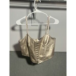 VIVID Women's Gold Metallic Faux Leather Bustier Corset Crop Top XL Spaghetti